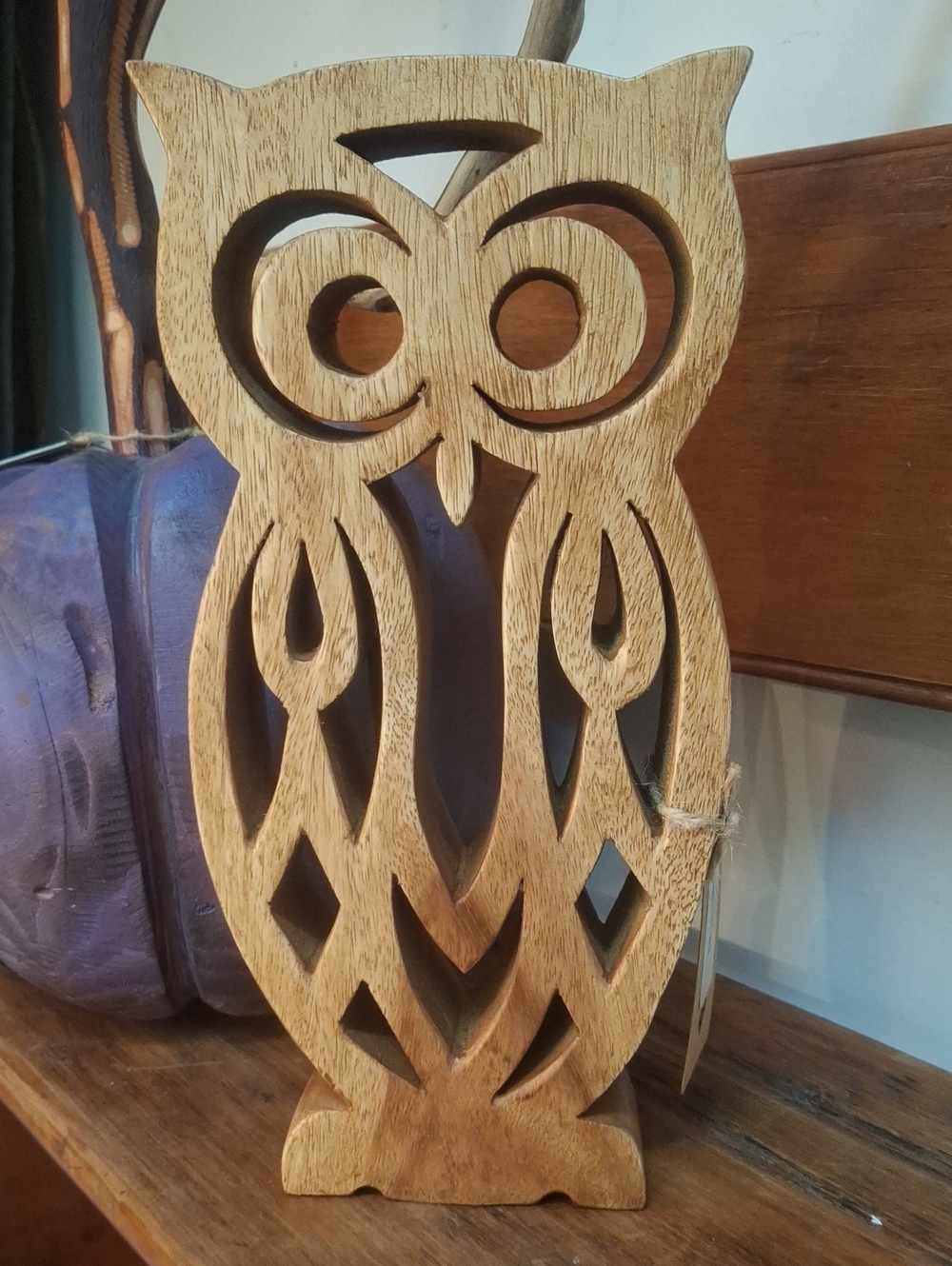 Carved Wooden Owl Décor - Natural Wood